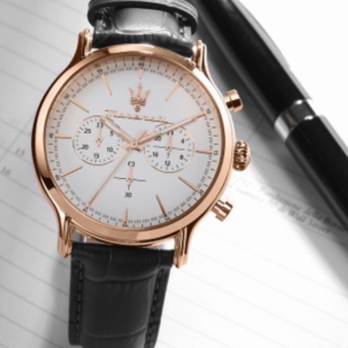 Montre Homme Maserati Epoca R8871618016 - Chronographe - Bracelet en cuir véritable noir - Résistant à l'eau