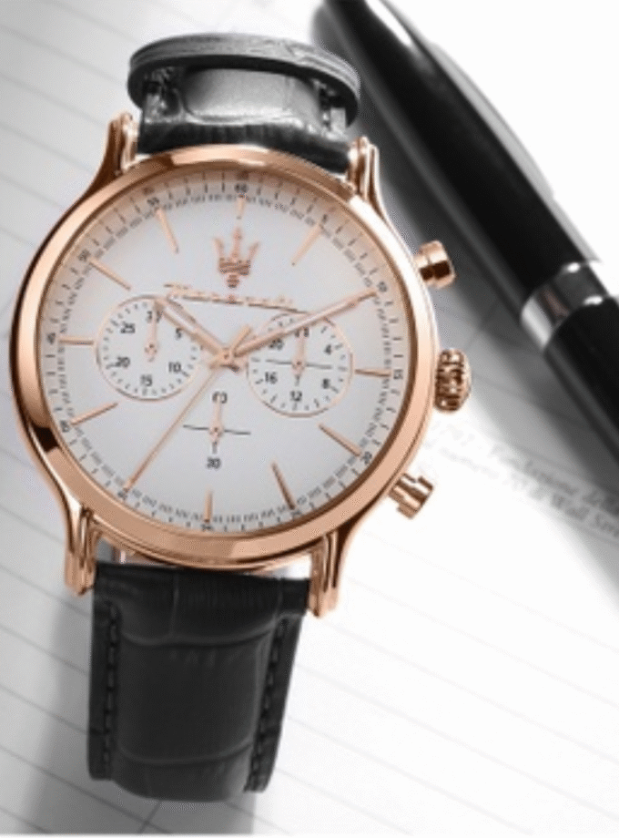 Montre Homme Maserati Epoca R8871618016 - Chronographe - Bracelet en cuir véritable noir - Résistant à l'eau