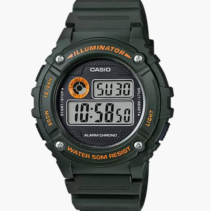 Montre Homme Casio - W-216H-3BVDF - Bracelet en Résine Noir - Cadran vert - Résistant à l'eau