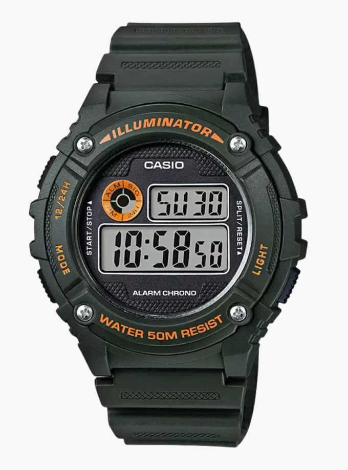 Montre Homme Casio - W-216H-3BVDF - Bracelet en Résine Noir - Cadran vert - Résistant à l'eau