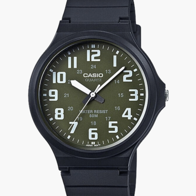 Montre Jeunesse Casio - MW-240-3BVDF - Bracelet en résine noir - Cadran analogique vert - Résistant à l'eau