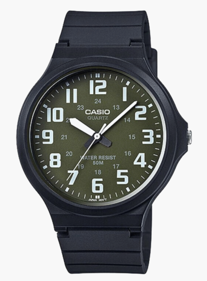 Montre Jeunesse Casio - MW-240-3BVDF - Bracelet en résine noir - Cadran analogique vert - Résistant à l'eau