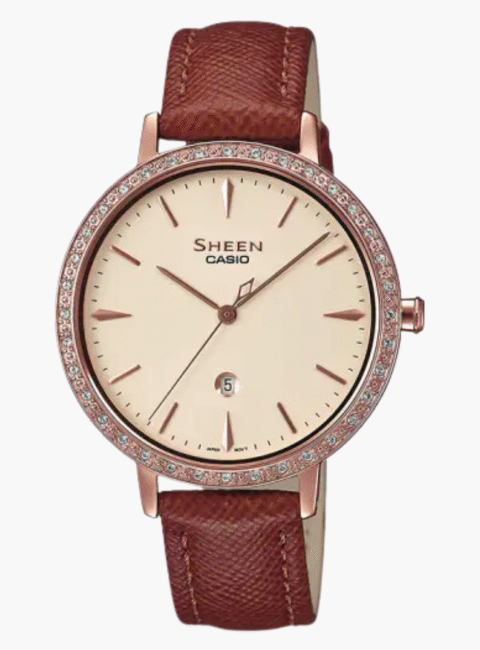 Montre Femme Casio SHEEN - SHE-4535YGL-9AUDF - Bracelet en cuir véritable - Cadran en Sapphire - Affichage analogique - Résistant à l'eau - Verre Saphir