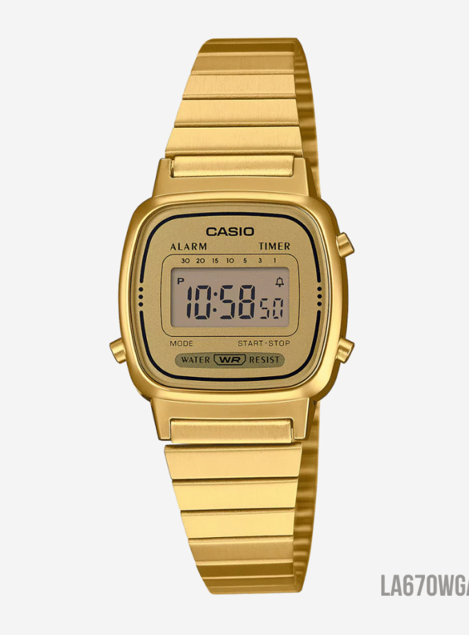 montre unisexe casio la670wga 9df bracelet en acier inoxydable doré affichage numérique résistant à l'eau