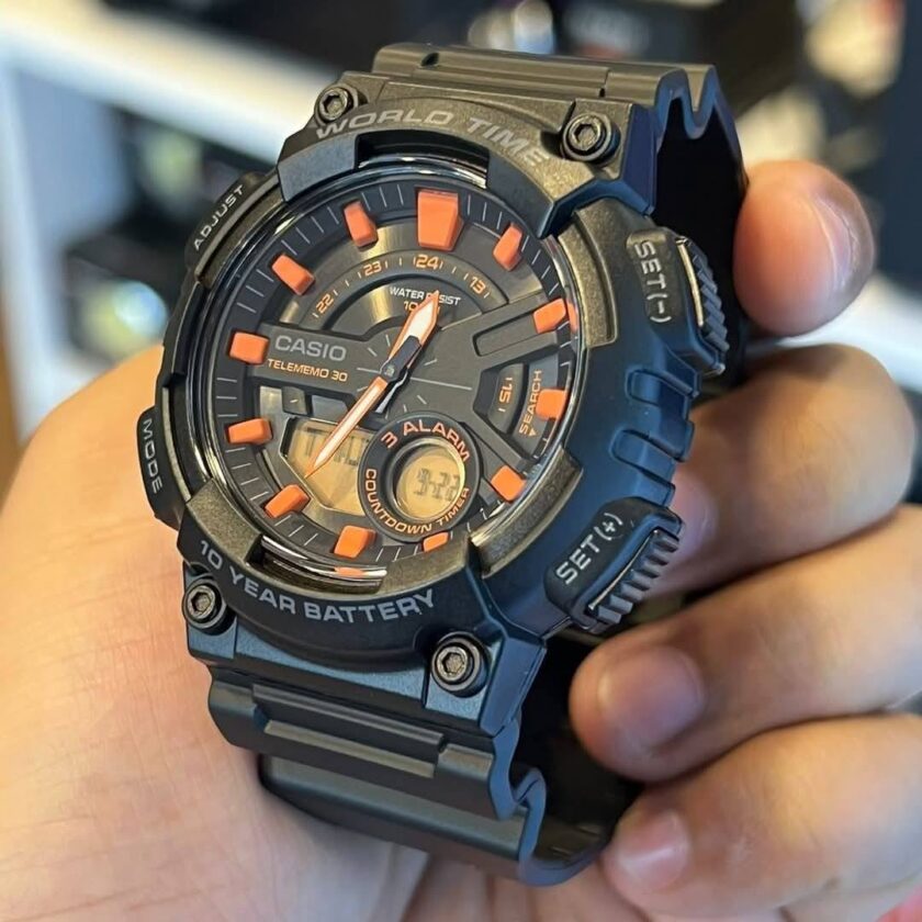 montre homme casio aeq 110w 1a2vdf bracelet en résine noir affichage analogique numérique résistant à l'eau