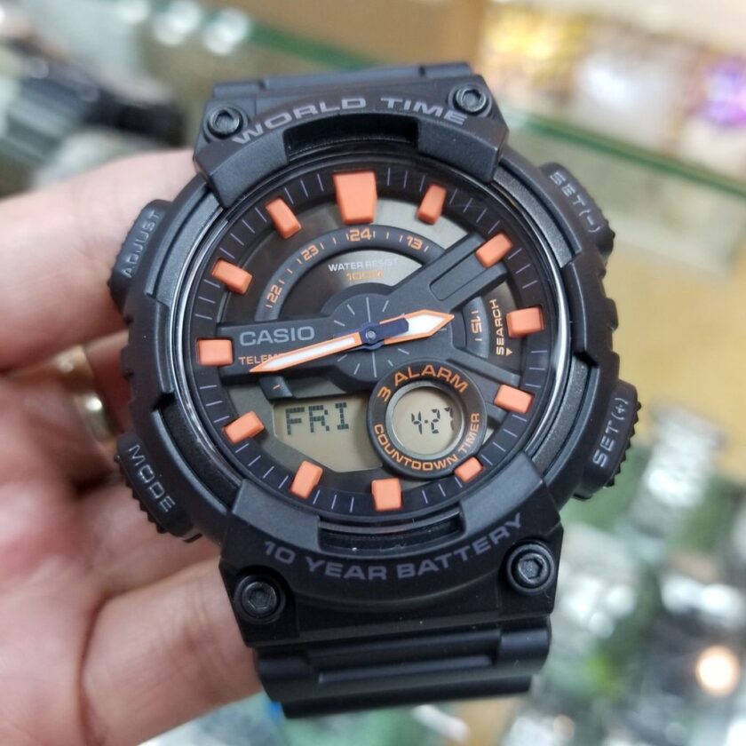 montre homme casio aeq 110w 1a2vdf bracelet en résine noir affichage analogique numérique résistant à l'eau