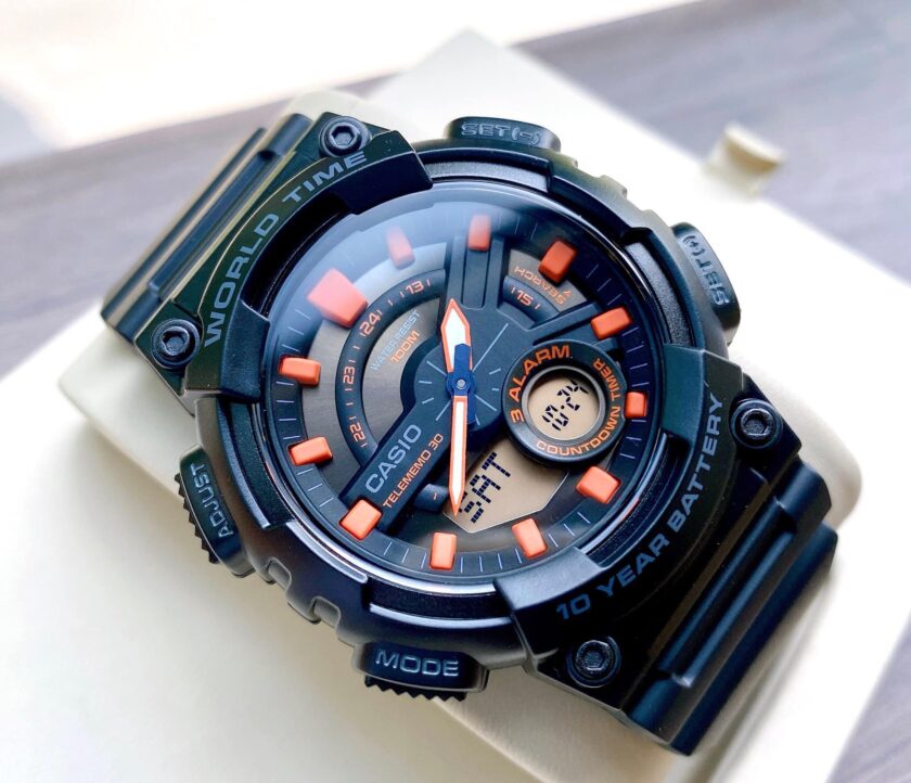 montre homme casio aeq 110w 1a2vdf bracelet en résine noir affichage analogique numérique résistant à l'eau
