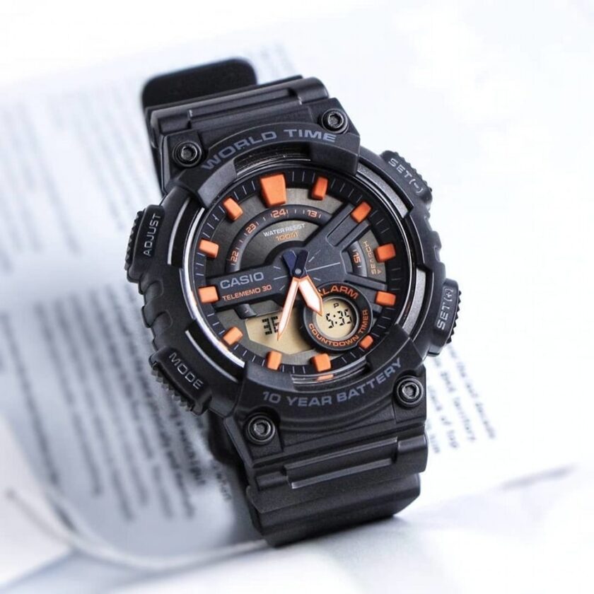 montre homme casio aeq 110w 1a2vdf bracelet en résine noir affichage analogique numérique résistant à l'eau