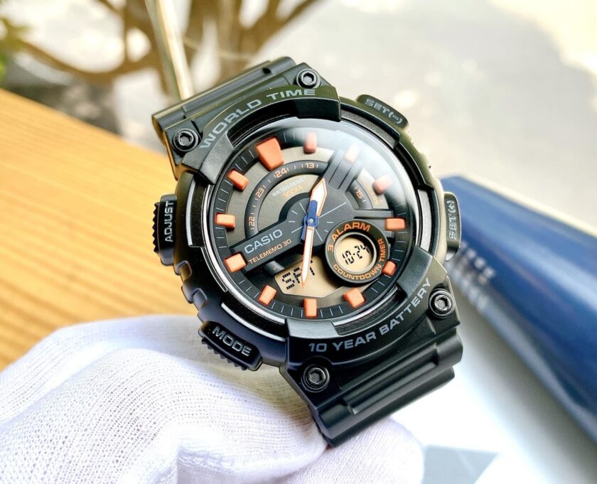 montre homme casio aeq 110w 1a2vdf bracelet en résine noir affichage analogique numérique résistant à l'eau