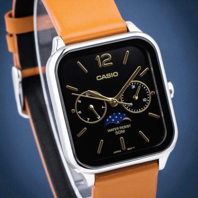 montre homme casio mtp m305l 1avdf bracelet en cuir kaki cadran carré affichage analogique résistant à l'eau