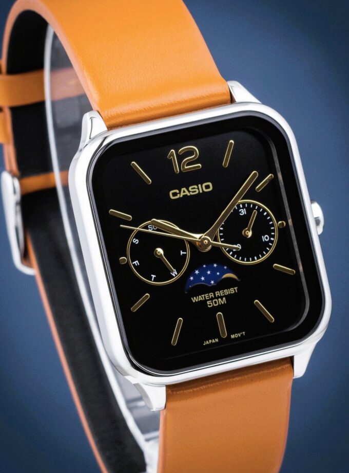montre homme casio mtp m305l 1avdf bracelet en cuir kaki cadran carré affichage analogique résistant à l'eau