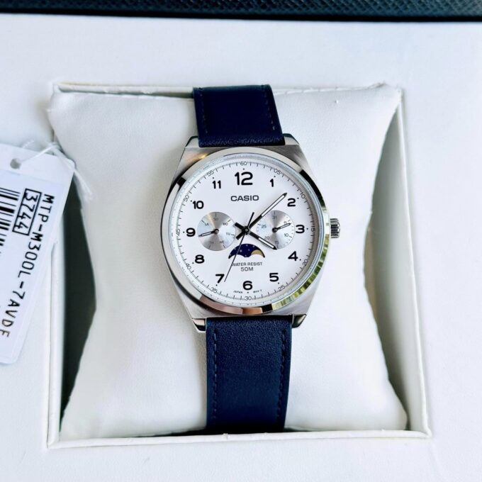 montre homme casio mtp m300l 7avdf bracelet en cuir bleu affichage analogique résistant à l'eau