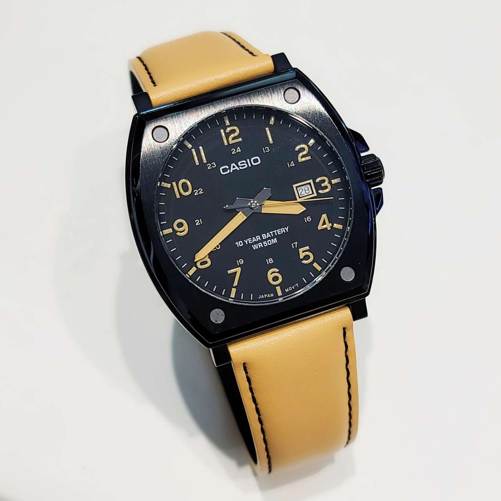 montre homme casio mtp e715l 5avdf bracelet en cuir kaki affichage analogique résistant à l'eau