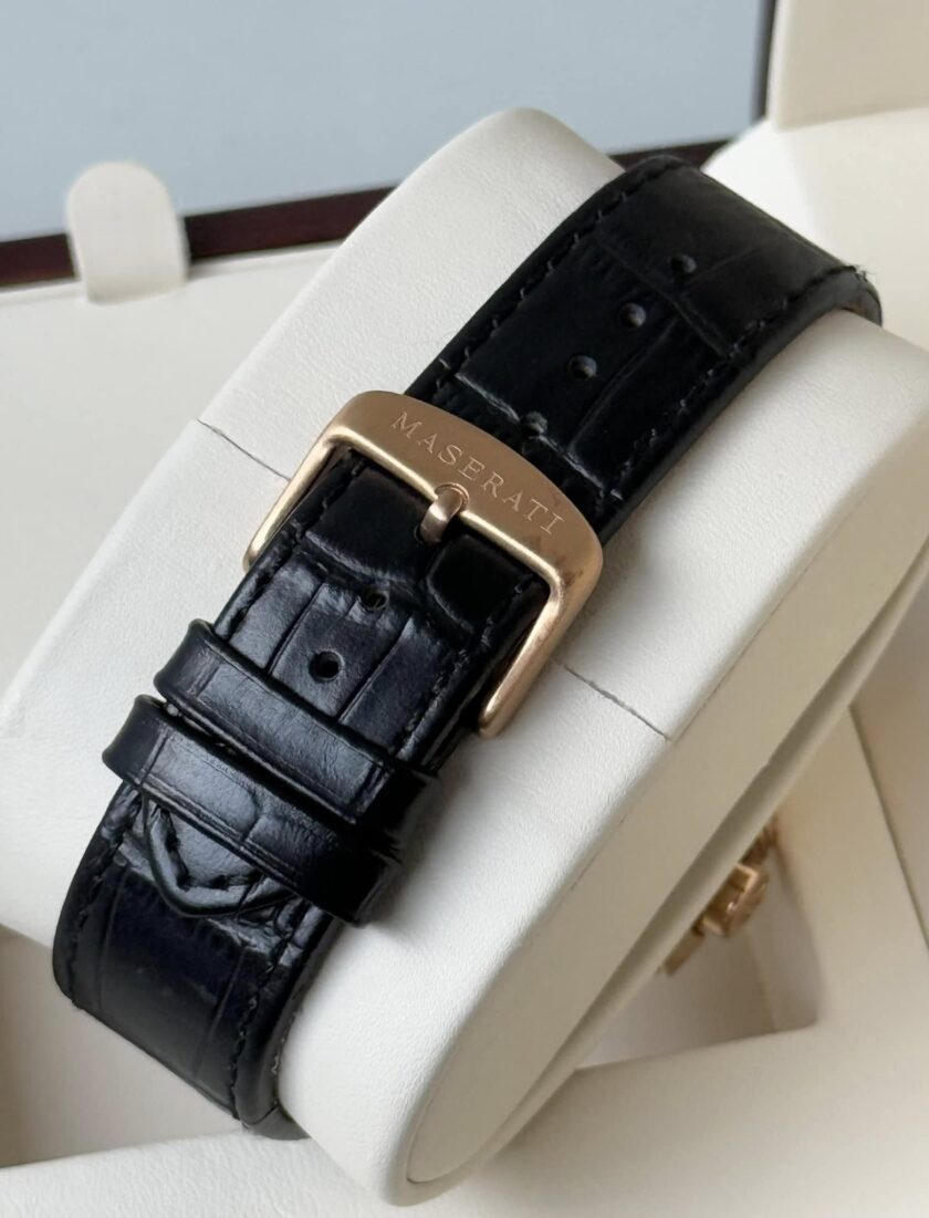 montre homme automatique maserati potenza 42mm acier doré rose, cadran noir, bracelet cuir noir, Étanche 10atm r8821108039