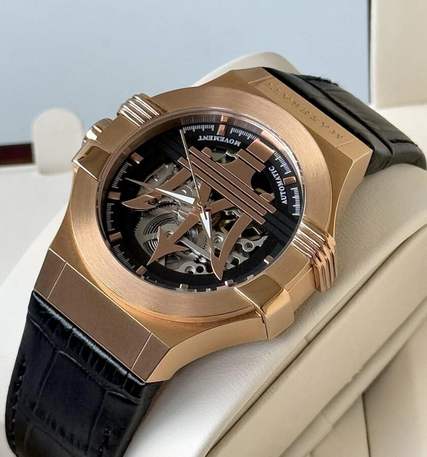 montre homme automatique maserati potenza 42mm acier doré rose, cadran noir, bracelet cuir noir, Étanche 10atm r8821108039