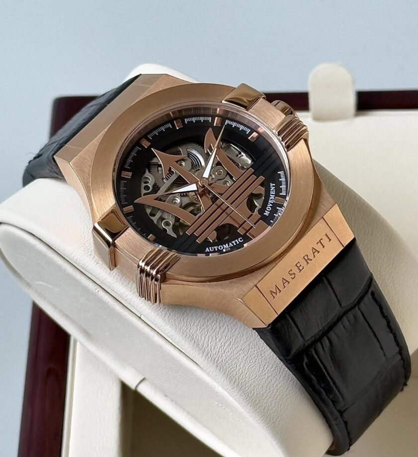 montre homme automatique maserati potenza 42mm acier doré rose, cadran noir, bracelet cuir noir, Étanche 10atm r8821108039