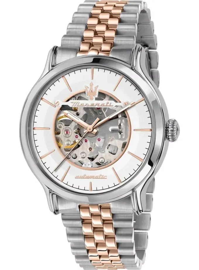 montre homme maserati epoca automatique – r8823118011 – bracelet bicolor en acier inoxydable – revêtement en cristal de saphir resistance a l’eau 10 atm