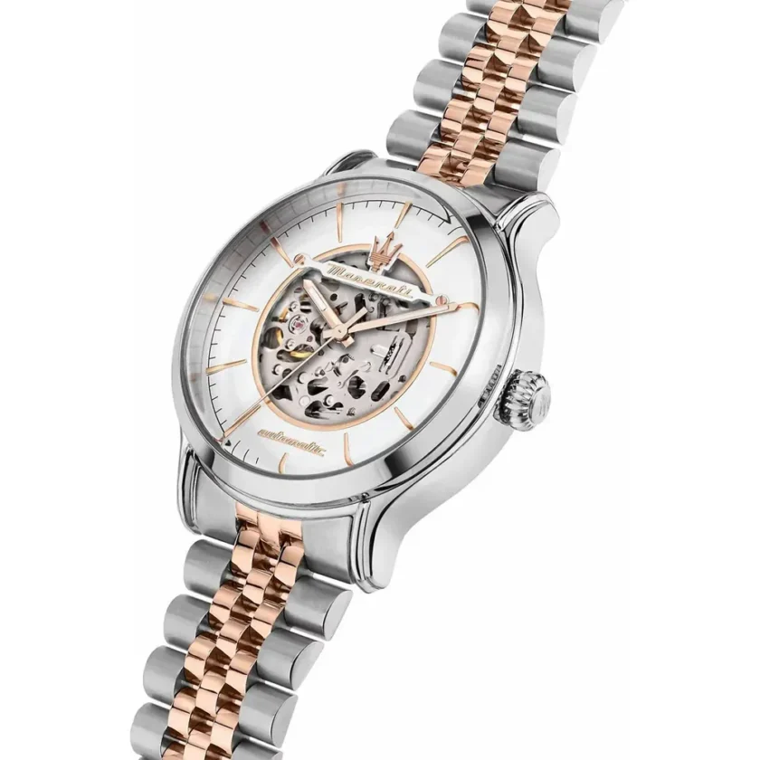 montre homme maserati epoca automatique – r8823118011 – bracelet bicolor en acier inoxydable – revêtement en cristal de saphir resistance a l’eau 10 atm