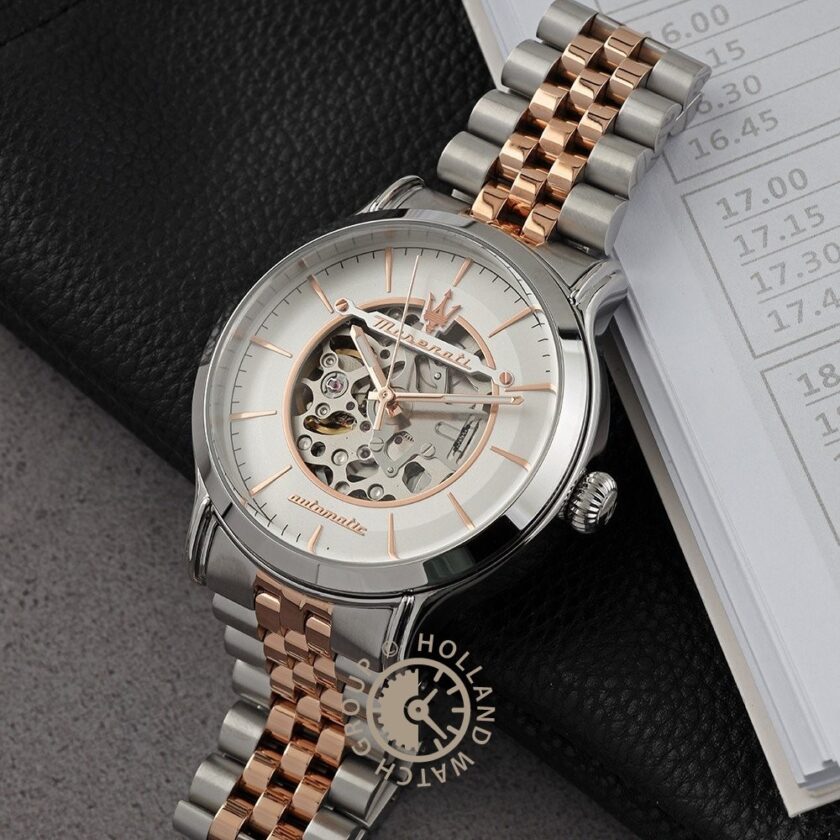 montre homme maserati epoca automatique – r8823118011 – bracelet bicolor en acier inoxydable – revêtement en cristal de saphir resistance a l’eau 10 atm
