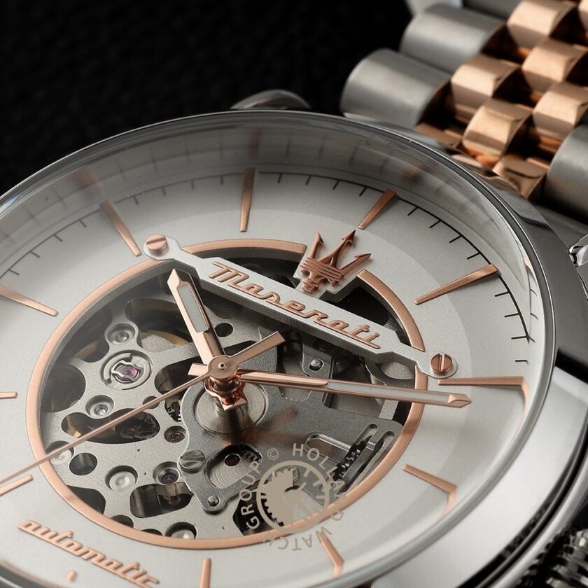 montre homme maserati epoca automatique – r8823118011 – bracelet bicolor en acier inoxydable – revêtement en cristal de saphir resistance a l’eau 10 atm