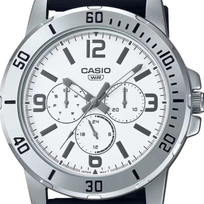 montre homme casio mtp vd300 7budf bracelet en résine noir chronographe >affichage analogique résistant à l'eau