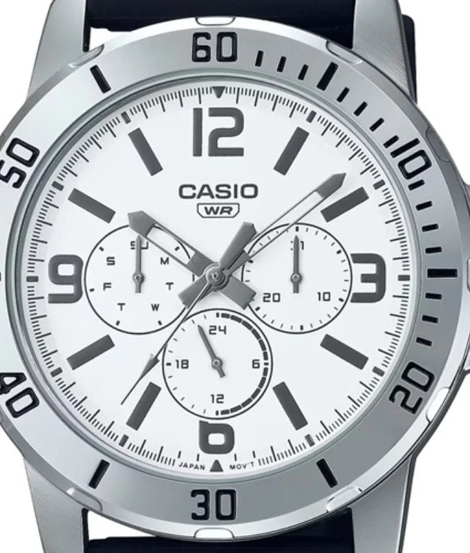 montre homme casio mtp vd300 7budf bracelet en résine noir chronographe >affichage analogique résistant à l'eau