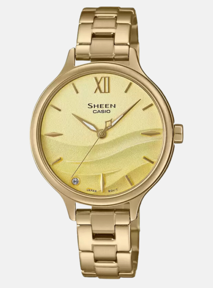 Montre Femme Casio SHEEN - SHE-4550G-9AUDF - Bracelet en Acier Inoxydable Doré - Verre Sapphire - Affichage analogique - Résistant à l'eau - Verre Saphir