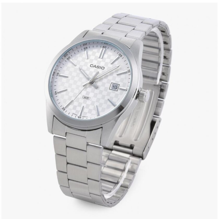 montre homme casio mtp vd03d 7audf bracelet en acier inoxydable cadran damier affichage analogique résistant à l'eau