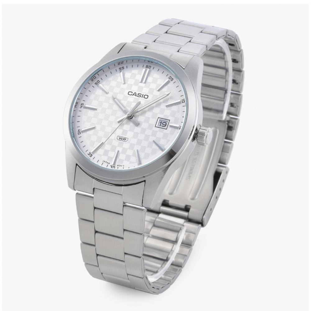 montre homme casio mtp vd03d 7audf bracelet en acier inoxydable cadran damier affichage analogique résistant à l'eau