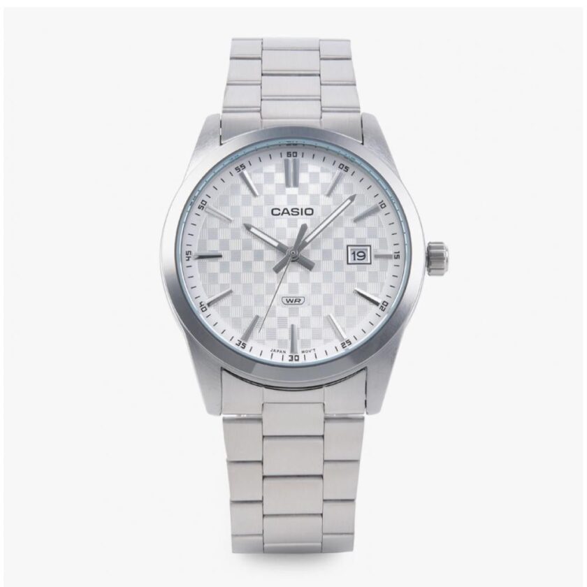 montre homme casio mtp vd03d 7audf bracelet en acier inoxydable cadran damier affichage analogique résistant à l'eau