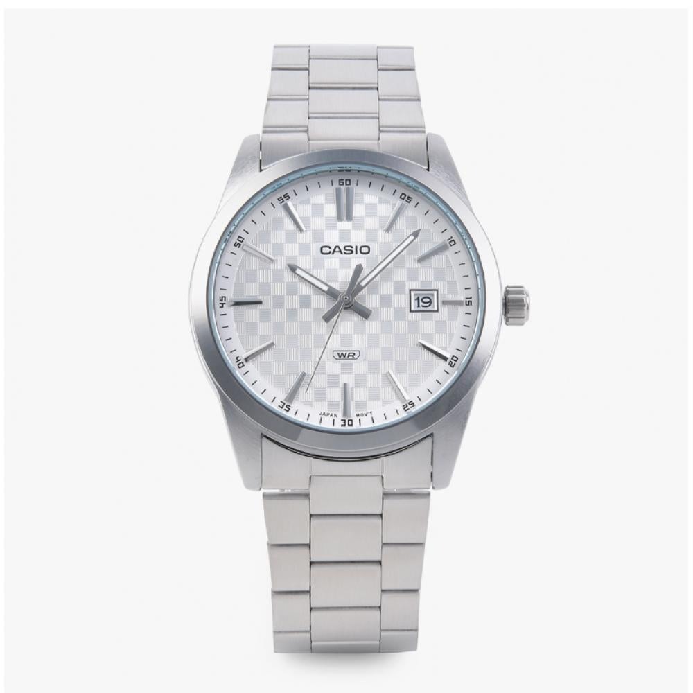 montre homme casio mtp vd03d 7audf bracelet en acier inoxydable cadran damier affichage analogique résistant à l'eau