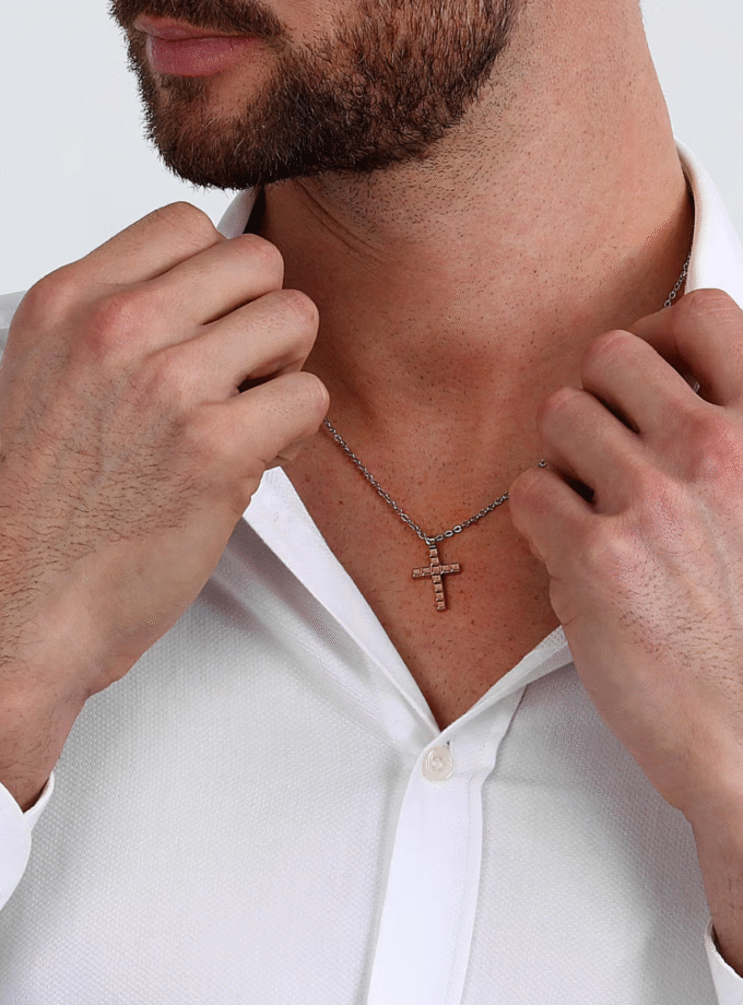 Collier homme Morellato Motown – Croix pendentif acier inoxydable – Argent et or rose – Certificat authenticité – Réf SALS76