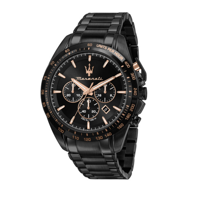 montre homme maserati traguardo cadran noir r8873612048 bracelet en acier inoxydable noir affichage analogique résistant à l'eau