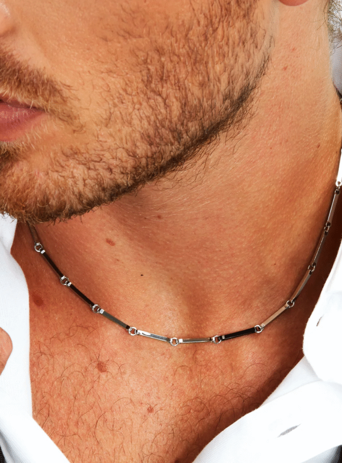 Collier homme Morellato SABH37 – Acier inoxydable, Cristaux noirs, 45+5 cm, Certificat authenticité, Bijoux urbain, Argent