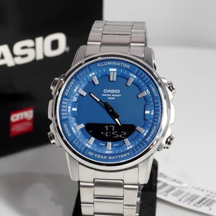 montre homme casio amw 880d 2a1vdf bracelet en acier inoxydable analogique numérique résistant à l'eau