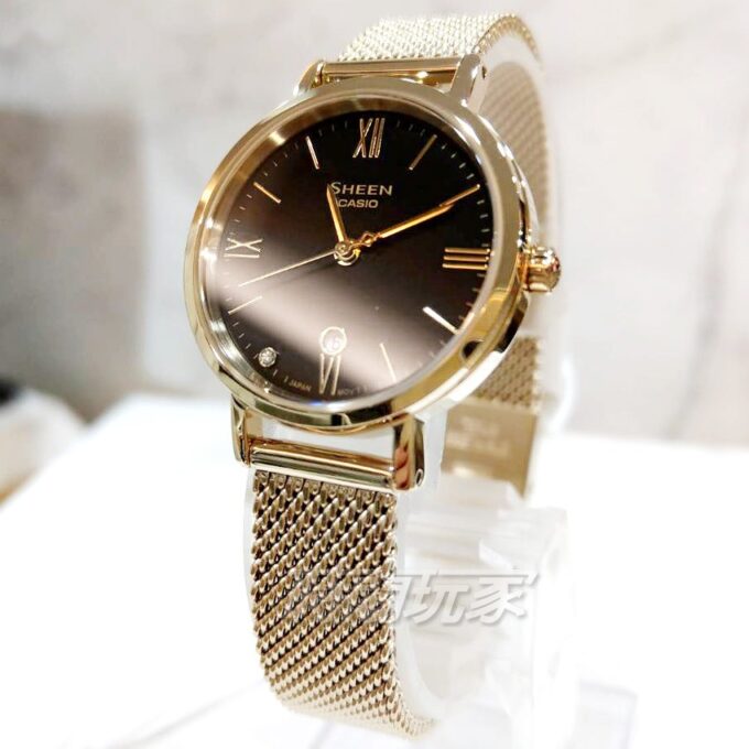 montre élégante femme casio sheen acier, calendrier, verre saphir, Étanche 50m bracelet maille doré boîtier doré 41 45mm she 4540gm 1audf