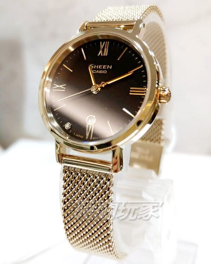 montre élégante femme casio sheen acier, calendrier, verre saphir, Étanche 50m bracelet maille doré boîtier doré 41 45mm she 4540gm 1audf