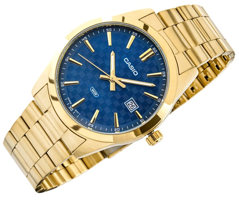 montre homme casio classique résistante à leau, affichage analogique, bracelet acier inoxydable doré, cadran bleu mtp vd03g 2audf