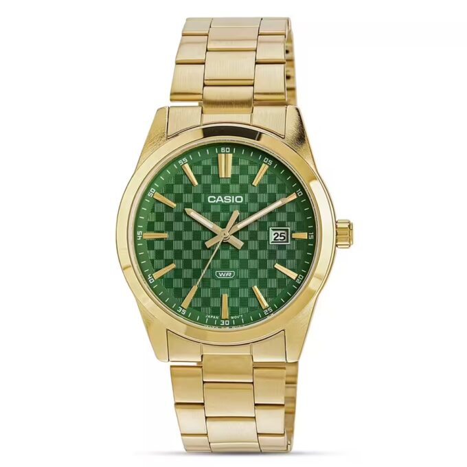 montre homme casio mtp vd03g 3audf bracelet acier inoxydable doré, affichage analogique, résistante à l’eau, cadran vert montre classique