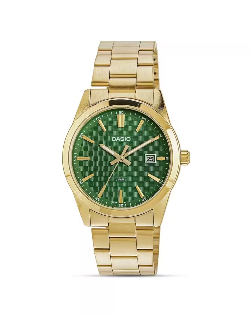montre homme casio mtp vd03g 3audf bracelet acier inoxydable doré, affichage analogique, résistante à l’eau, cadran vert montre classique