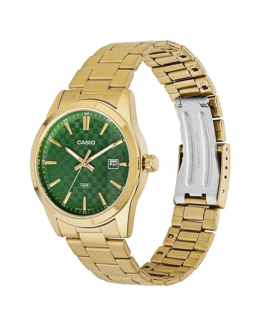 montre homme casio mtp vd03g 3audf bracelet acier inoxydable doré, affichage analogique, résistante à l’eau, cadran vert montre classique