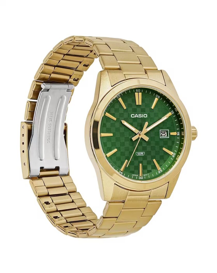 montre homme casio mtp vd03g 3audf bracelet acier inoxydable doré, affichage analogique, résistante à l’eau, cadran vert montre classique