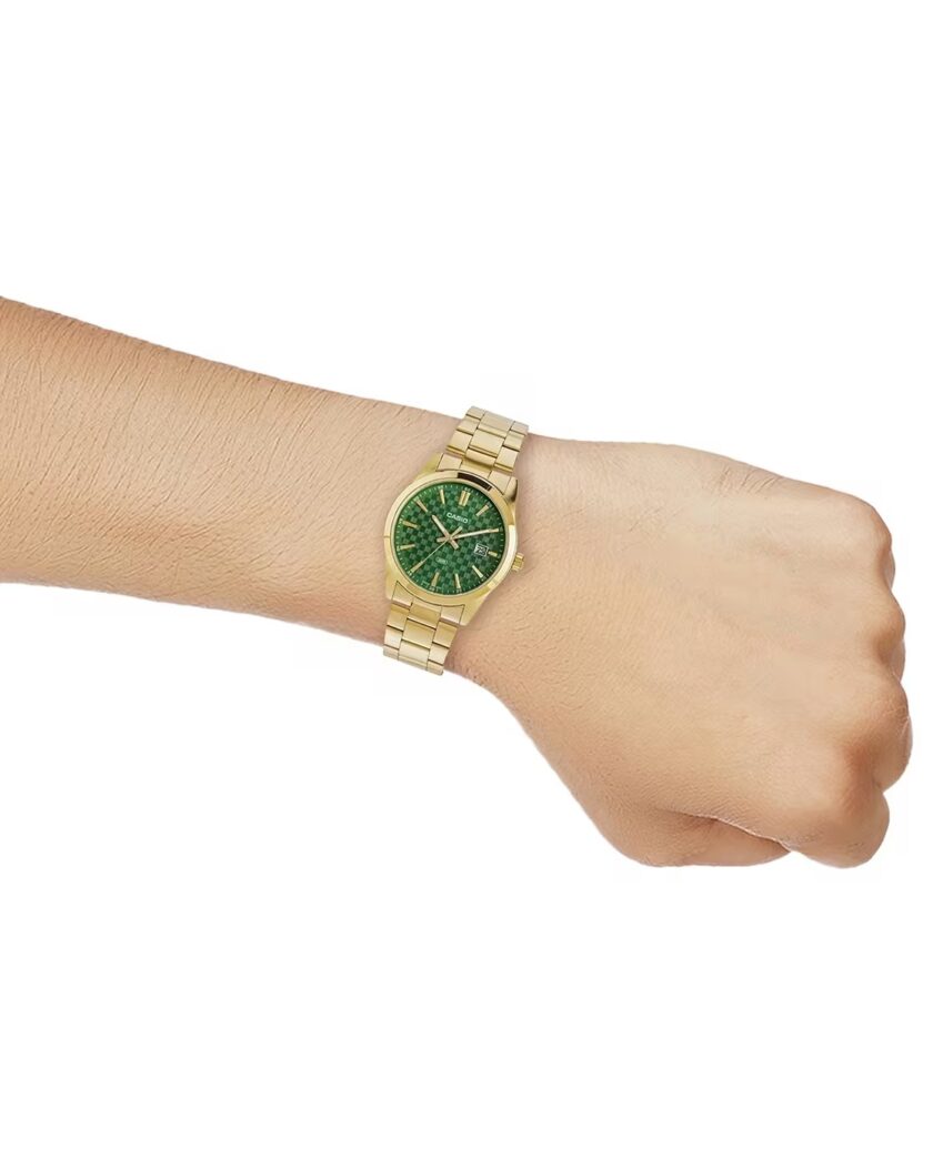 montre homme casio mtp vd03g 3audf bracelet acier inoxydable doré, affichage analogique, résistante à l’eau, cadran vert montre classique