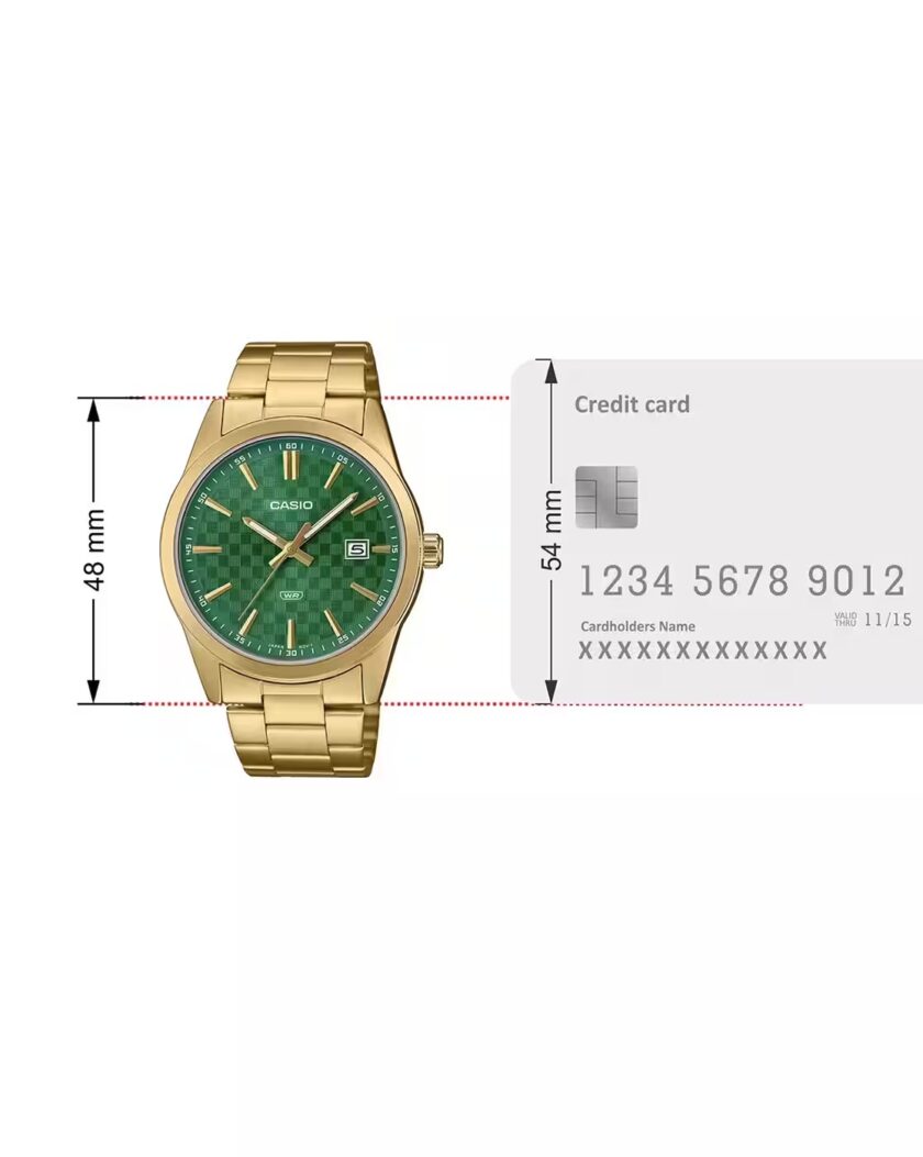 montre homme casio mtp vd03g 3audf bracelet acier inoxydable doré, affichage analogique, résistante à l’eau, cadran vert montre classique