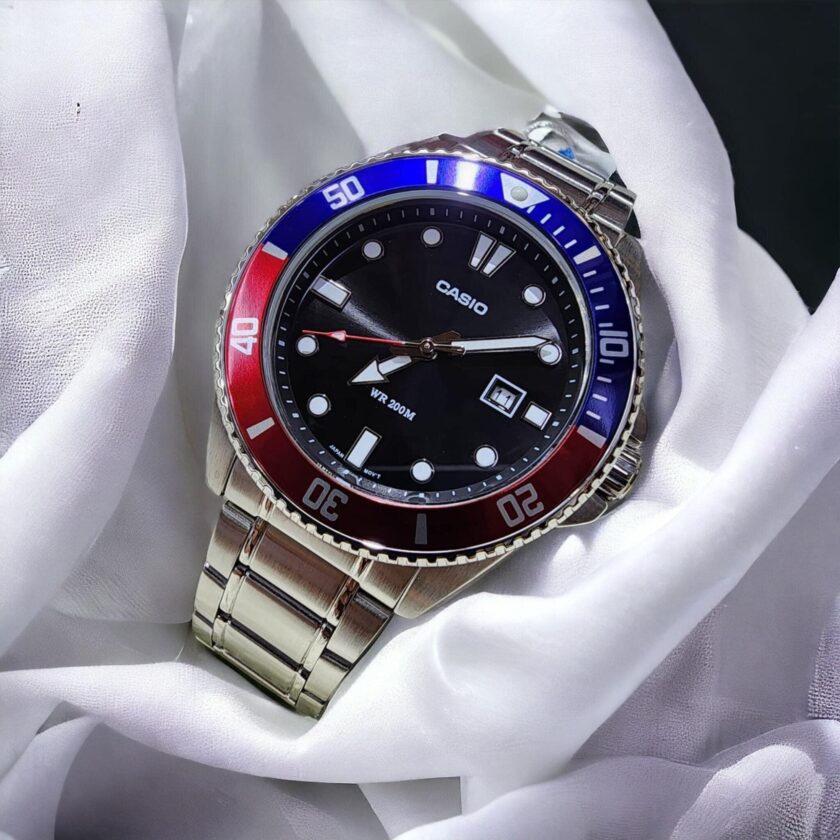 montre homme casio collection pepsi mdv 107d 1a3vdf résistante à l’eau 200m, lunette tournante, date, couronne à vis acier inoxydable argent