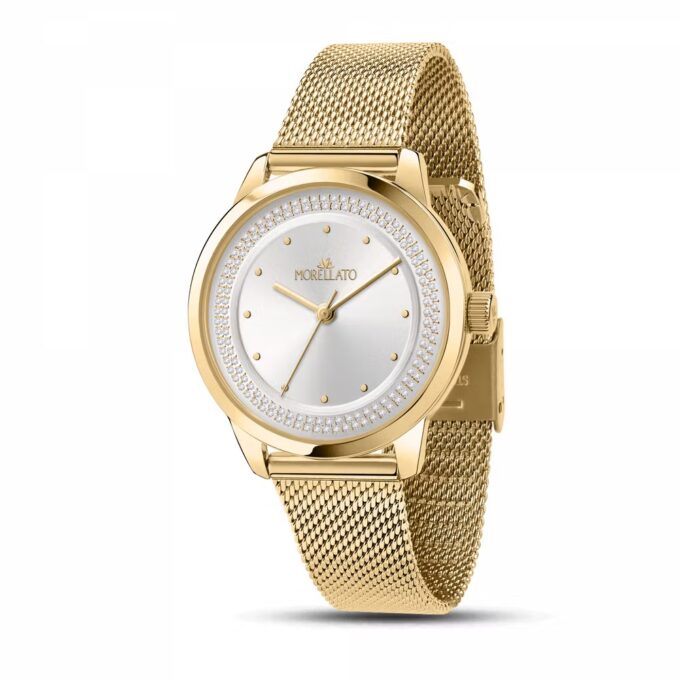 Montre Femme Morellato Ninfa – R0153168502 – Boîtier Acier Or Jaune 34 mm – Cadran Blanc Rond – Mouvement Analogique – Bracelet Acier Or Jaune – Résistante à l’Eau 3 ATM – Fermoir Maillon à Cliper – Garantie Morellato.