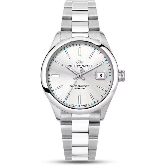 Montre Homme Philip Watch Caribe Urban – R8253597096 – Mouvement ETA F06.115 – Boîtier Acier 39 mm – Cadran Blanc avec Affichage de la Date – Bracelet Métal Argent – Verre Saphir Anti-reflet – Boucle Plongeur avec Sécurité – Résistante à l'Eau 10 ATM – Garantie Internationale Philip Watch. - Verre Saphir