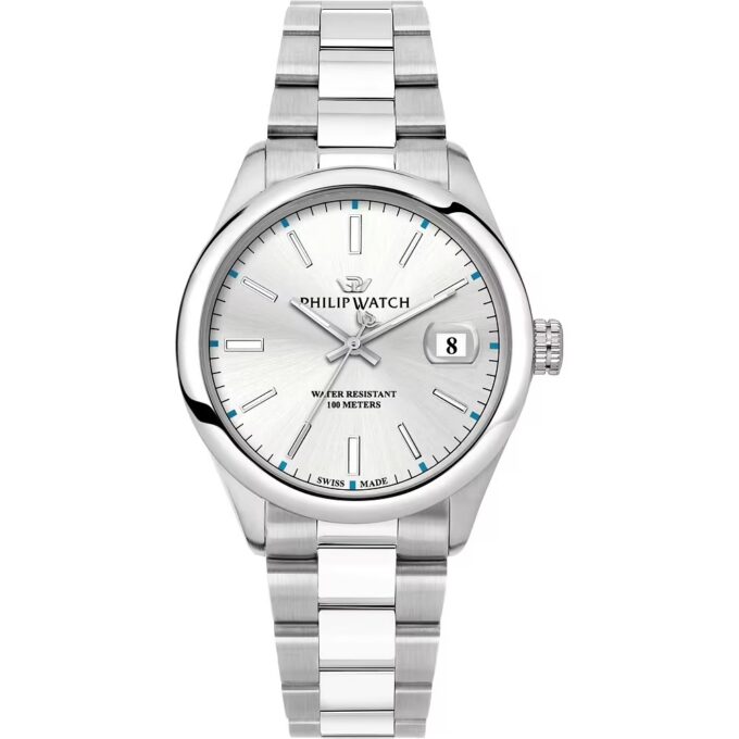 Montre Homme Philip Watch Caribe Urban – R8253597096 – Mouvement ETA F06.115 – Boîtier Acier 39 mm – Cadran Blanc avec Affichage de la Date – Bracelet Métal Argent – Verre Saphir Anti-reflet – Boucle Plongeur avec Sécurité – Résistante à l'Eau 10 ATM – Garantie Internationale Philip Watch. - Verre Saphir