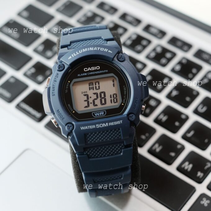 Montre Homme Casio - Style sportif, étanche, alarme, éclairage LED - Résine - Bleu - W-219H-2AVEF