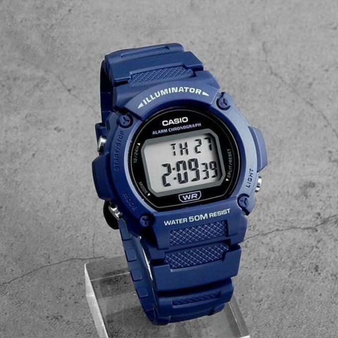 Montre Homme Casio - Style sportif, étanche, alarme, éclairage LED - Résine - Bleu - W-219H-2AVEF